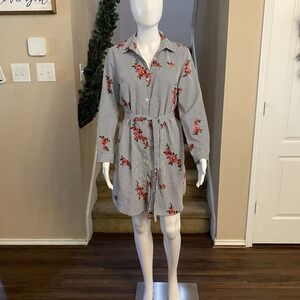 Jolie Floral Striped Shirt Dress Women's Small Button Front Belted Long Sleeve